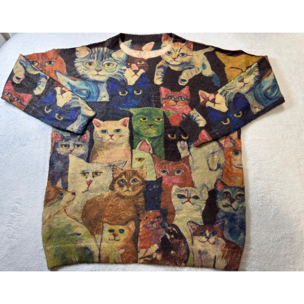 YESNO Whimsical Cat Print Knit Sweater Women All Over Kitten Graphic Soft L - Picture 2 of 10